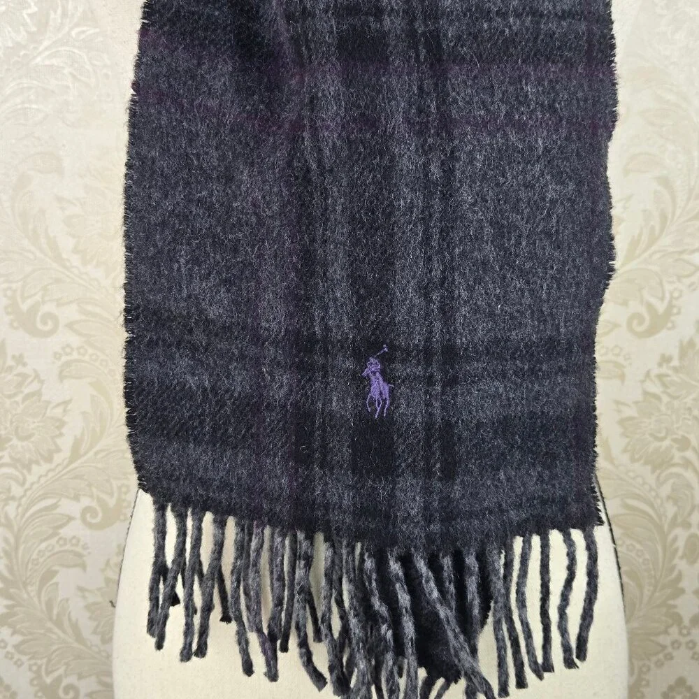 Polo Ralph Lauren Wool Blend Oblong Scarf Dark Gray Black Red Fringed Ends